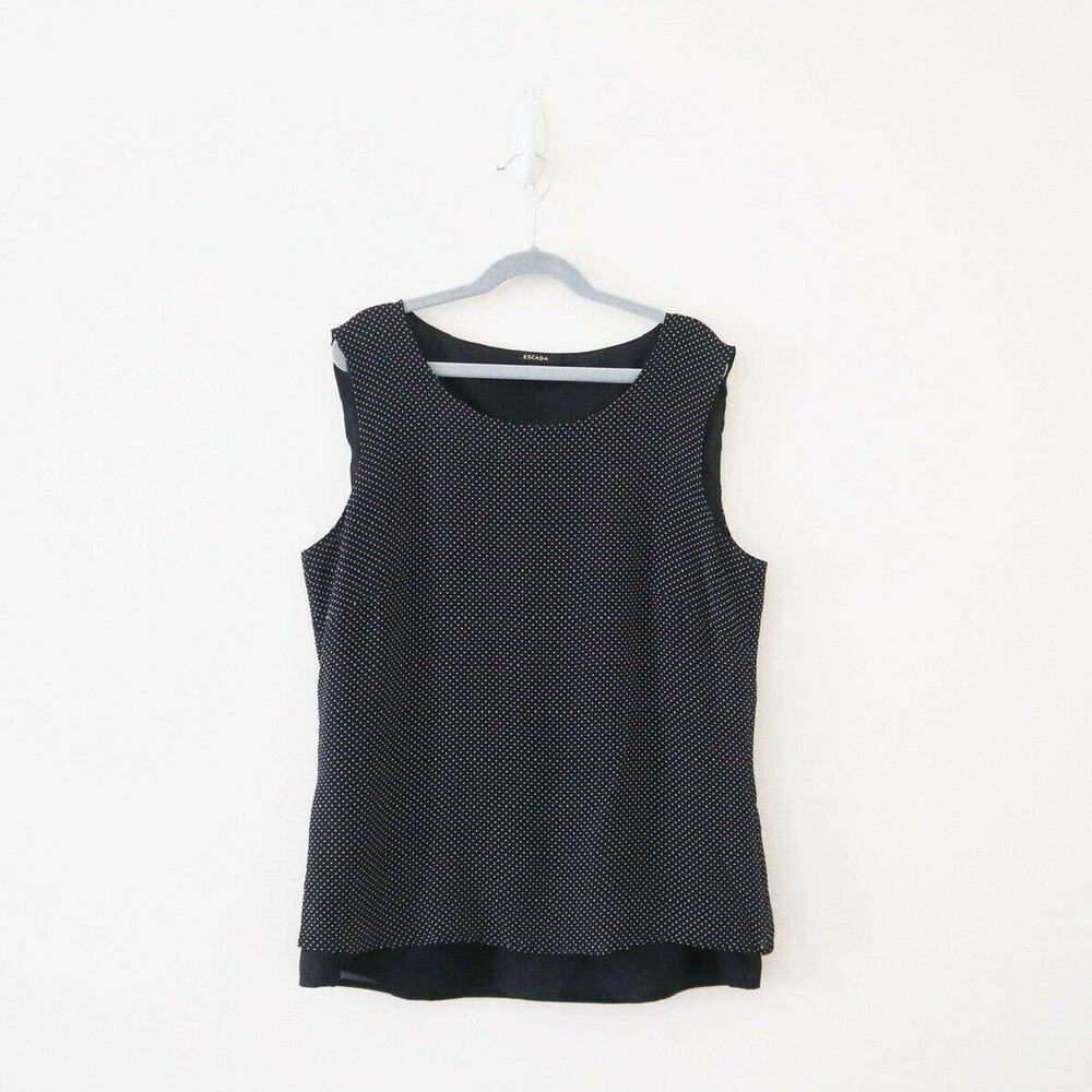 Escada GE 38 US M Double Layered Silk Swiss Dot Sleeveless Tank Top Black